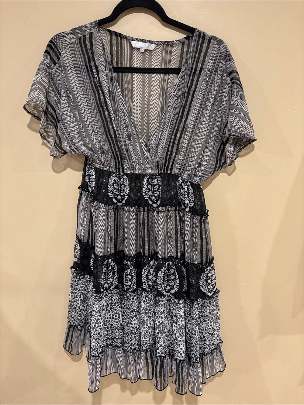 Red herring black and white sequin tiered boho dress
